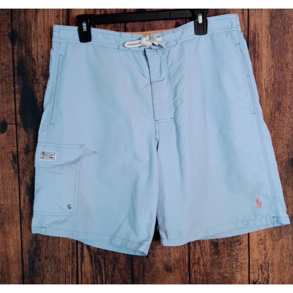 Polo Ralph Lauren Mens Swim Trunks Light Blue Cargo Pocket Board Shorts Large